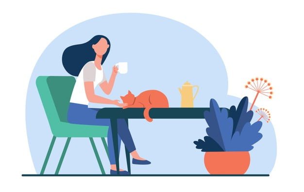 [ai] Young woman patting red cat while drinking tea. coffee break, morning, pet flat vector illustration. cozy home, hot drink, autumn concept Free Vector