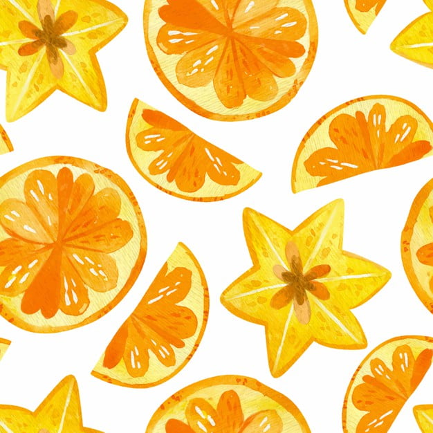 [ai] Citruses and carambola drawings seamless pattern. summer fruits mix texture. Free Vector