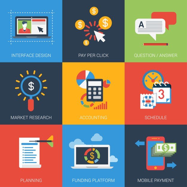 [ai] Flat icons set web project plan interface design marketing research Free Vector