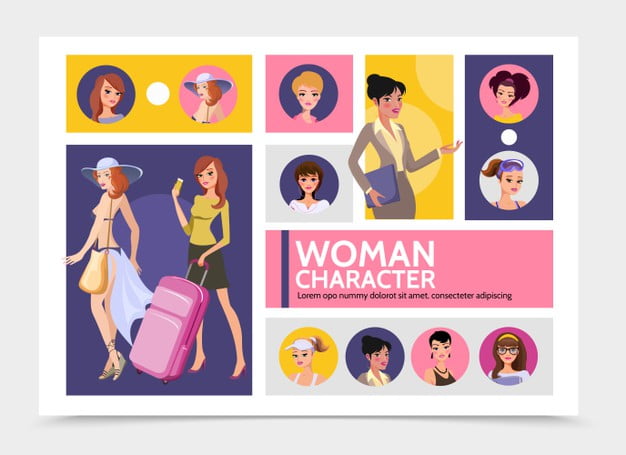 [ai] Flat woman characters avatars infographic template with traveling girls sportswomen Free Vector