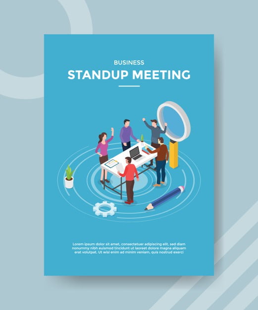 [ai] Stand up meeting people teamwork discussion on workspace for template of  flyer Free Vector