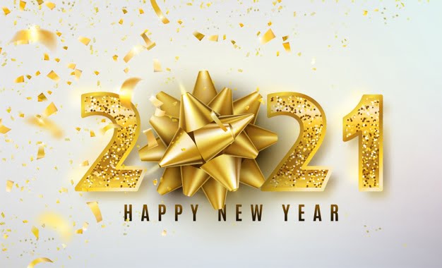 [ai] 2021 happy new year  background with golden gift bow, confetti, shiny glitter gold numbers Free Vector