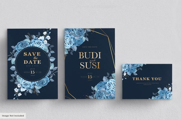 [ai] Blue floral wedding card set Free Vector