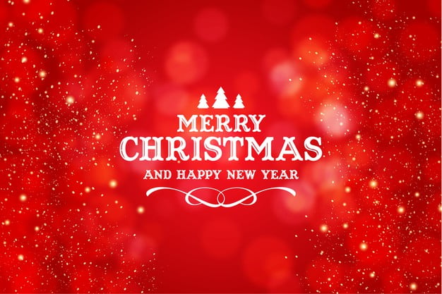 [ai] Merry christmas and happy new year logo with realistic christmas red bokeh background Free Vector