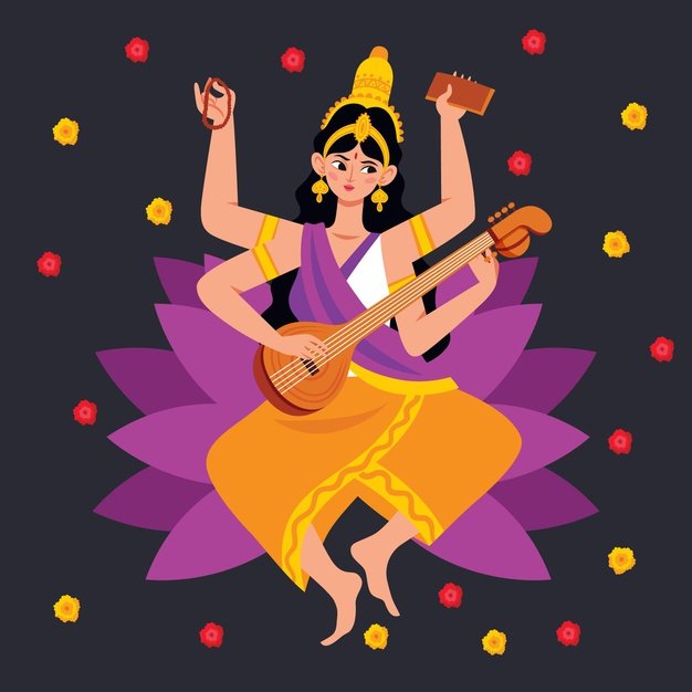 [ai] Saraswati goddess and colorful dots Free Vector