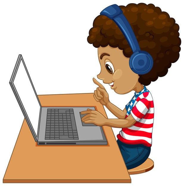 [ai] Side view of a boy with laptop on the table on white background Free Vector