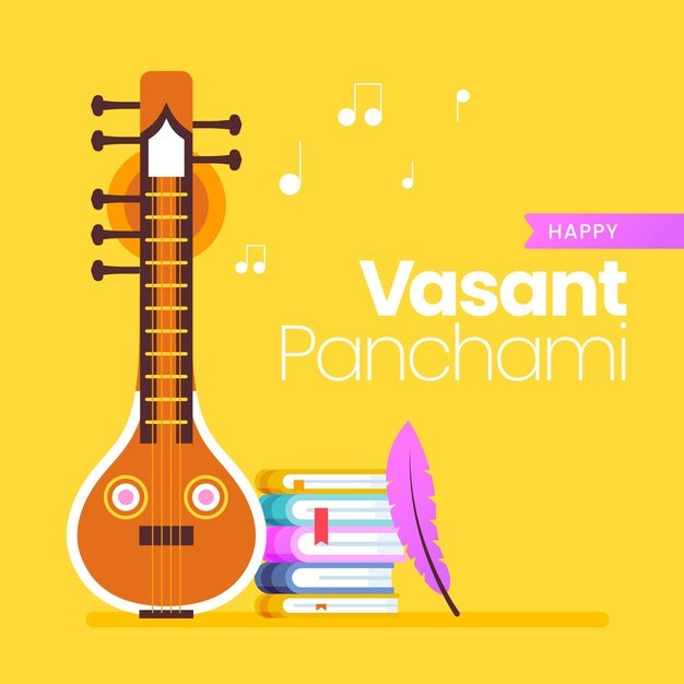 [ai] Vasant panchami flat design guitar and books Free Vector