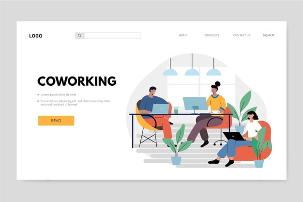 [ai] People at their workspace coworking landing page Free Vector