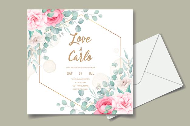 [ai] Beautiful hand drawing wedding invitation maroon floral design Free Vector