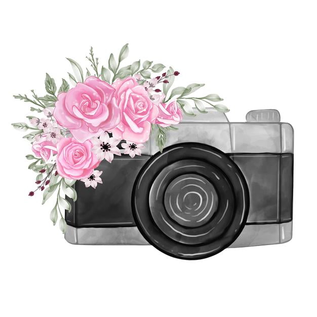 [ai] Camera with watercolor flowers rose pink illustration Free Vector