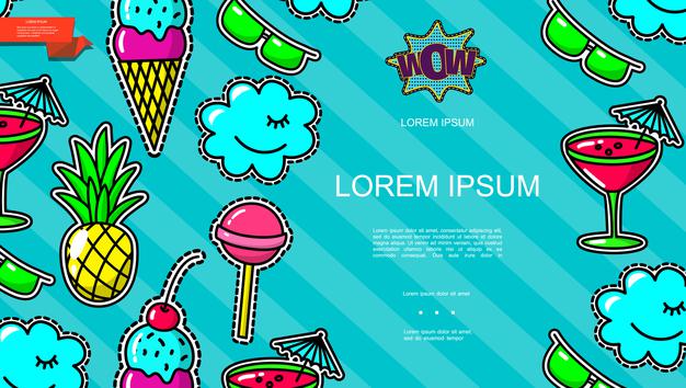 [ai] Pineapple ice cream lollipop cocktail clouds eyeglasses speech bubble on turquoise slanted lines background Free Vector