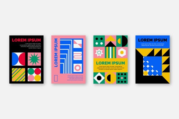 [ai] Postmodern business cover collection with geometrical shapes Free Vector