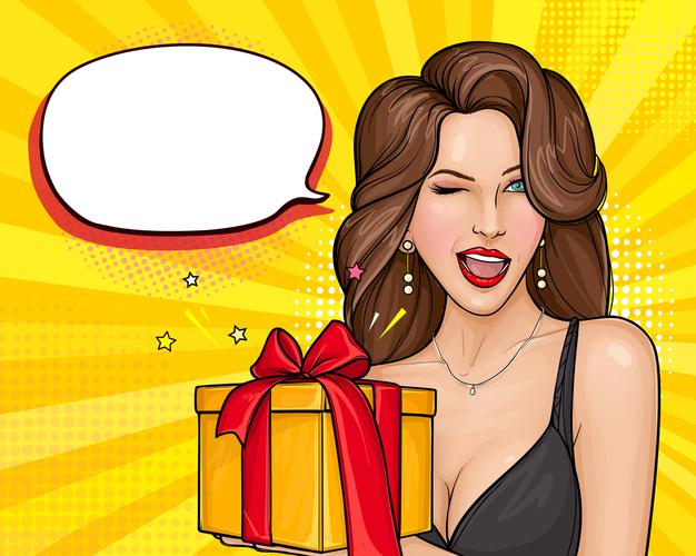 [ai] Woman with open mouth winking and holding bright gift box Free Vector