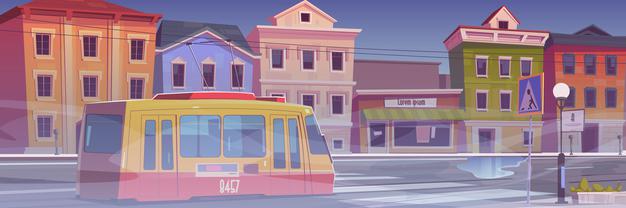 [ai] City street with houses, tram and white fog. gloomy foggy weather in town. cartoon illustration of town with tramway on empty car road, buildings with stores and mist Free Vector