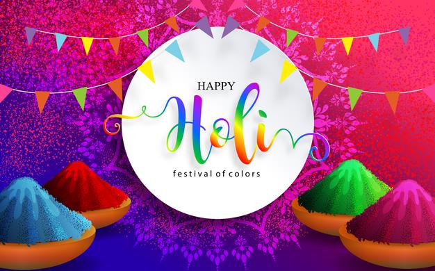 [ai] Colorful gulaal powder color indian festival for happy holi card with gold patterned and crystals on paper color Free Vector