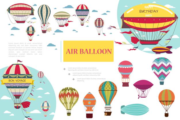 [ai] Flat composition with airships dirigibles and air balloons of different colors and patterns illustration Free Vector