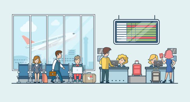 [ai] Linear flat people on airport waiting hall and flight registration luggage stripe  illustration. public transportation concept. Free Vector