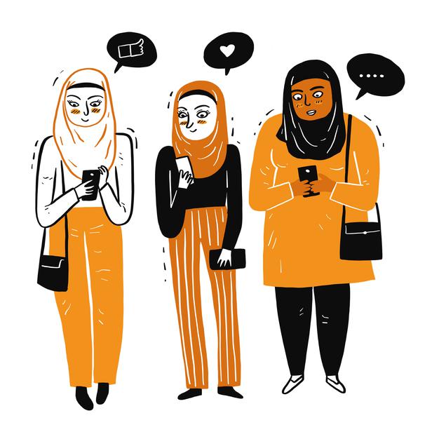 [ai] Muslim women gathered together use the smart phone happily on a bright day Free Vector