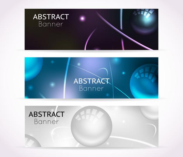 [ai] Nuclear atom banners. nanotechnologies and physical technology banner set Free Vector
