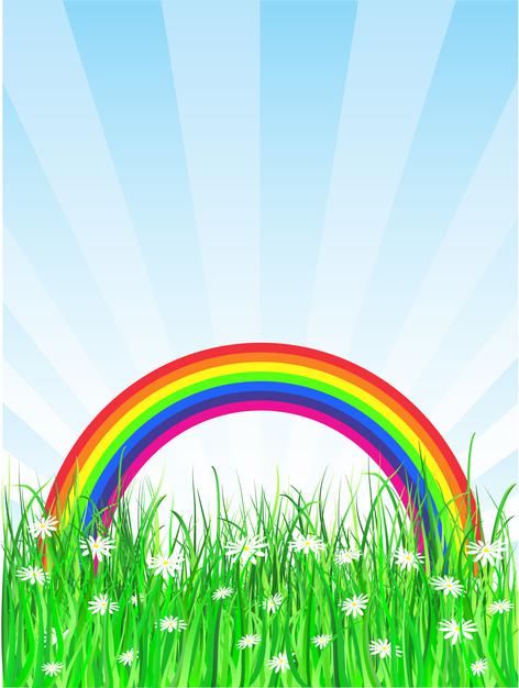 [ai] Rainbow background with daisies in grass Free Vector