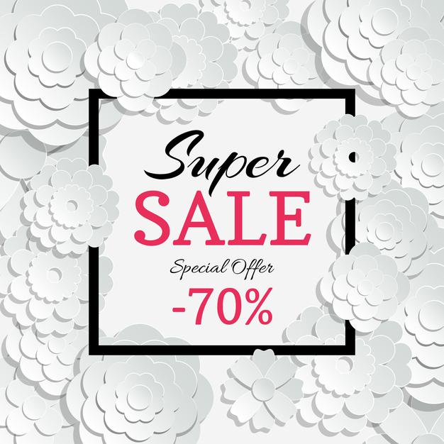 [ai] Spring sale banner with 3d paper cut flowers and black frame. sale and special offer advertising Free Vector