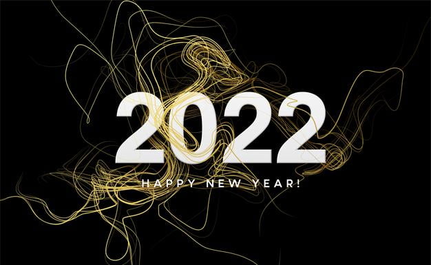 [ai] Calendar header 2022 with golden waves swirl with golden sparkles on black. happy new year 2022 golden waves background. Free Vector