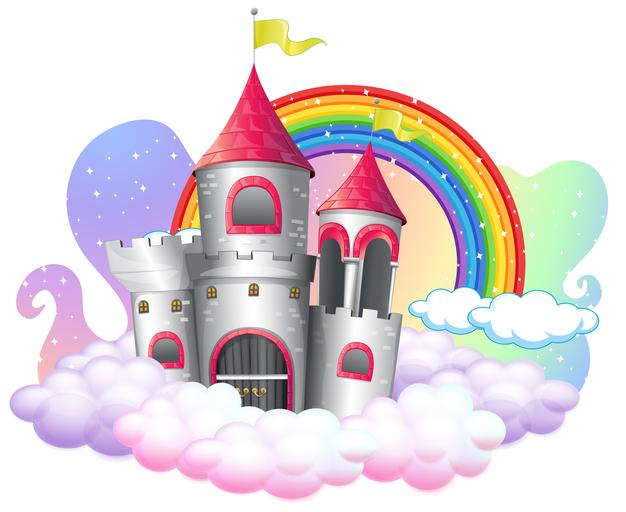 [ai] Castle with rainbow on the cloud isolated on white background Free Vector