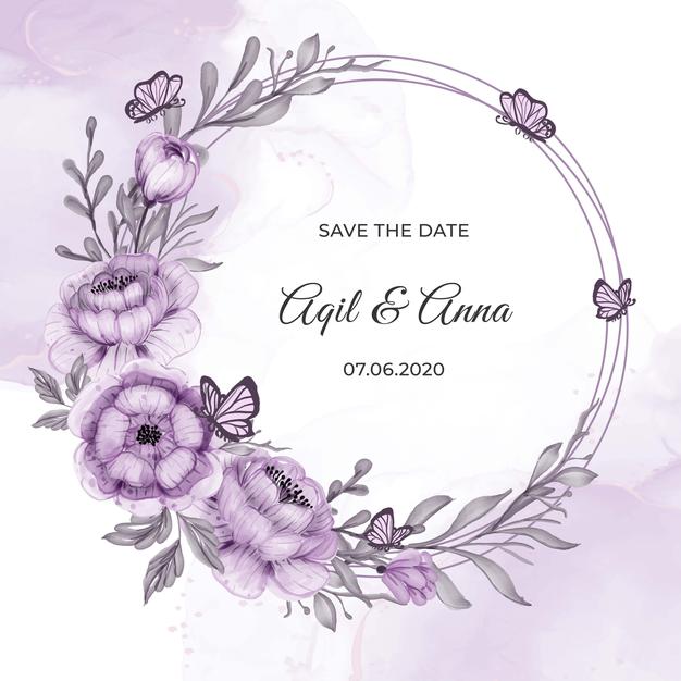[ai] Classic circle purple flower wreath frame invitation card Free Vector