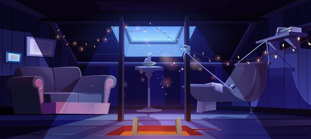 [ai] Cozy room on attic with hammock and sofa at night vector cartoon interior of mansard Free Vector