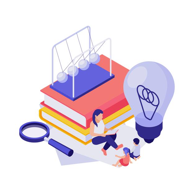 [ai] Education 3d concept with isometric human characters books light bulb illustration Free Vector