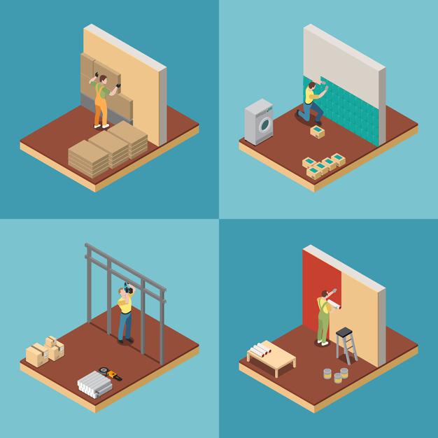 [ai] Home repair concept, set with redecoration symbols isometric isolated Free Vector