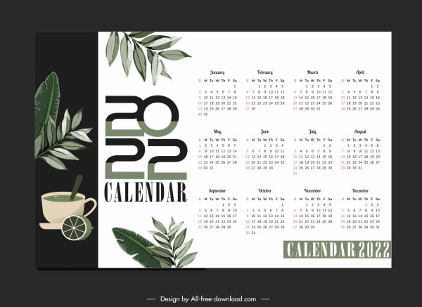 [ai] 2022 calendar template elegant leaves tea sketch Free vector 3.65MB
