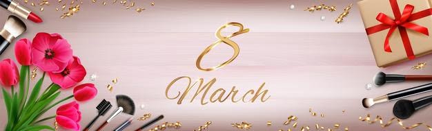 [ai] 8 march womans day composition with ornate text and golden confetti with flower,s gifts and makeup Free Vector
