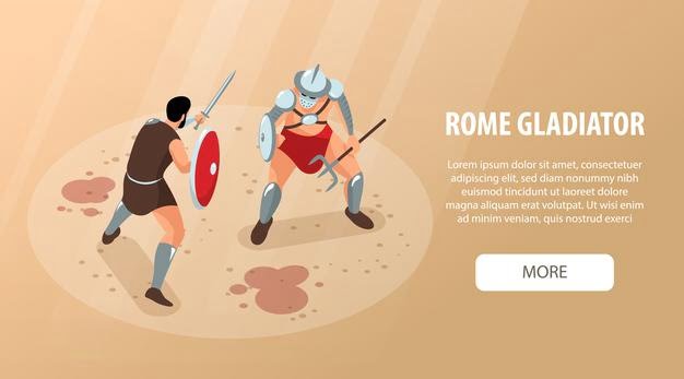 [ai] Isometric  ancient  rome  gladiators  horizontal  banner  with  editable  text  more  button  and  fighting  warriors  with  blood Free Vector