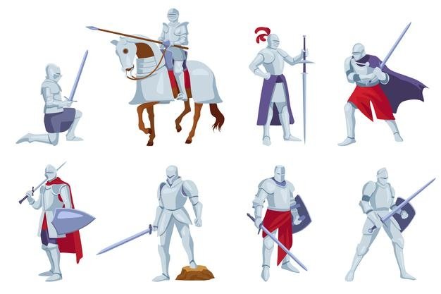 [ai] Set of armored knights with weapons in different angles, poses Free Vector