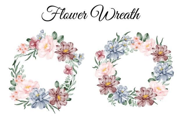 [ai] Set of flower wreath pink blue burgundy watercolor illustration Free Vector