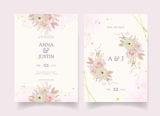 [ai] Wedding invitation with watercolor rose dahlia and anemone flower Free Vector