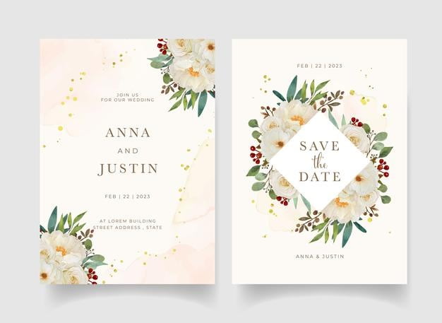 [ai] Wedding invitation with watercolor white rose and peony flower Free Vector