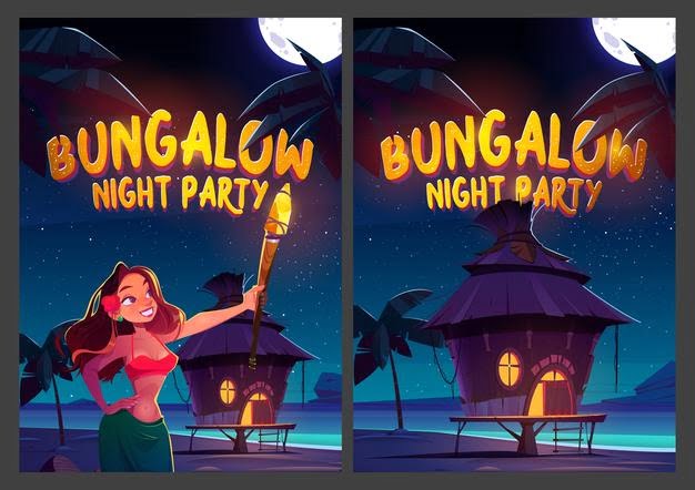 [ai] Bungalow night party cartoon posters Free Vector