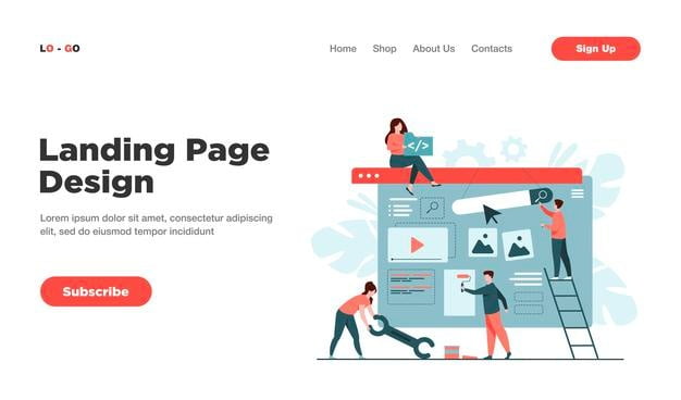 [ai] Digital marketing team constructing landing or home page landing page Free Vector