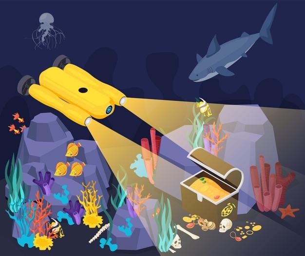 [ai] Underwater vehicles machines isometric composition yellow machine found a treasure at the bottom of the sea Free Vector
