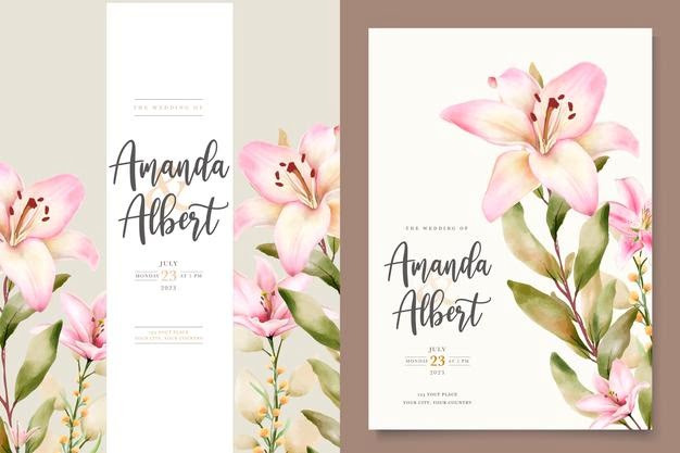 [ai] Watercolor lily flower invitation card set Free Vector