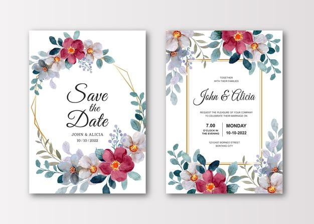 [ai] Wedding invitation card set with watercolor flower Free Vector