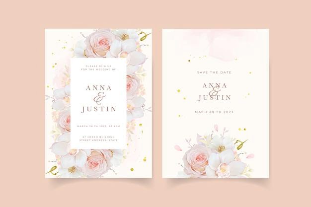 [ai] Wedding invitation with watercolor pink rose  orchid  and anemone flower Free Vector