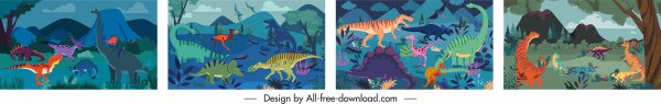 [ai] Dinosaur background templates colorful cartoon sketch classic design Free vector 5.02MB