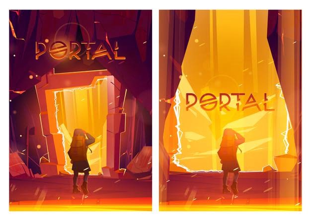 [ai] Portal cartoon posters with traveler man stand at magic teleport in stone frame inside of mountain cave Free Vector