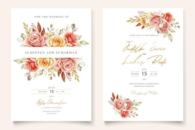 [ai] Watercolor summer floral and leaves wedding invitation card set Free Vector