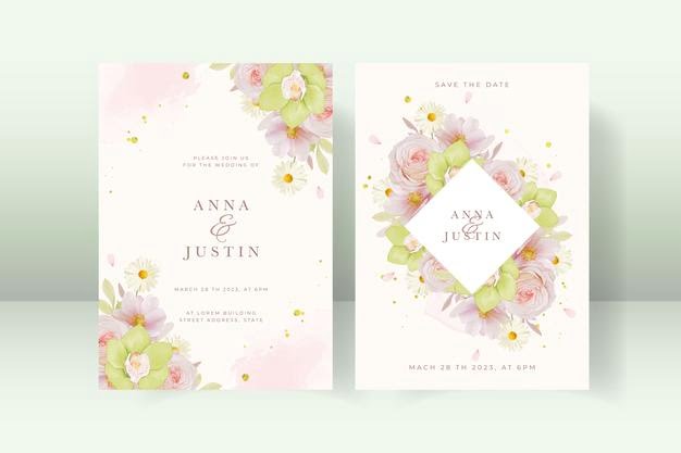 [ai] Wedding invitation with rose and green orchid Free Vector