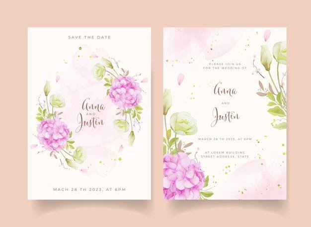 [ai] Wedding invitation with watercolor pink roses and hydrangea flower Free Vector