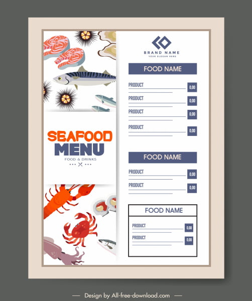 [ai] Sea food menu template flat classical marine elements Free vector 5.20MB